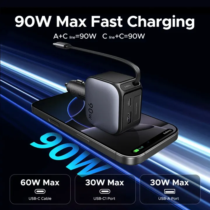 UGREEN%20145W%2090W%2060W%20Car%20Charger%203%20USB-C%20&%201%20USB-A%20Ports%20PD%20QC4.0%20Fast%20Charging%20with%20Retractable%20Cable%20for%20iPhone%2015%20Pro%20MacBook%20-%20Image%202
