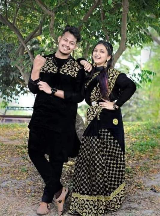 Family Set Hand Print Dhupian Silk Exclusive Couple Dress Black Color Saree and Panjabi for Men women
