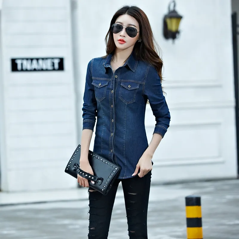 Jeans Shirt women 2019 Long Sleeve Slim Casual Vintage Elastic