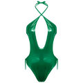 Womens Ladies Swimsuit Metallic Shiny Deep V Backless Bodysuit Bathing Suit One-piece Swimsuit Lace-up Halter Catsuit Swimwear.