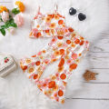 Toddler Kid Girl Clothes Set Letter/Butterfly Floral Printed Sling Buttons Ruffle Hem Tank Tops with Elastic Waist Flared Pants. 