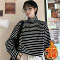 Large Size Striped Top Turtleneck Bottoming Shirt Spring and Autumn Thin Sweatshirt Inner Wear Loose2022Fashionable long sleeveTT-shirt Women's.
