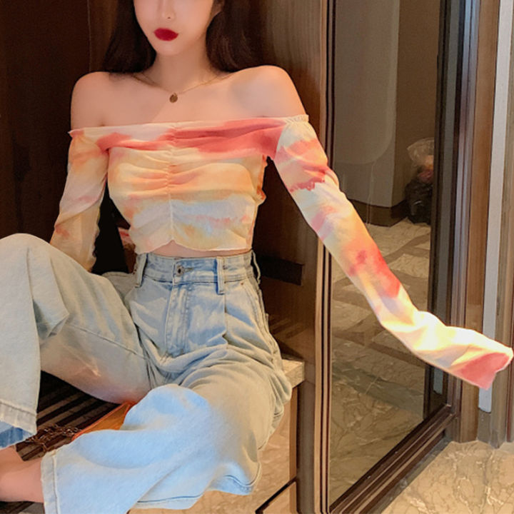 Women%20Casual%20Long%20Sleeve%20T-shirt%20Fashion%20Tie-dye%20Printed%20Boat%20Neck%20Exposed%20Navel%20Tops%20-%20Image%207