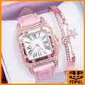 Fopul Mall Best Selling Ladies Square Rhinestone Bracelet Watch Set Wristwatches Leather Strap Luxury Quartz Watches for Women. 