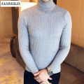 Casual Men Winter High Solid Color Sweater Turtleneck Brand Mens White Sweaters Slim Knitted Fit Pullover Twist Striped Knitwear. 