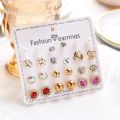 12 Pairs/set Crystal Rhinestone Flower Stud Earring For Women Heart Stars Snowflakes Combination Earrings Jewelry Accessories.
