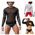 Hirigin Mens Undershirt Gay clothing Nylon Mesh Shirt See Through Sheer Long Sleeves T Shirts transparent shirt Underwear. 