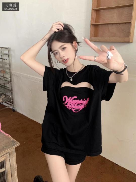 Calolay%20Sweet%20Hot%20Girl%20Hollow%20Heart%20Short%20SleeveTT-shirt%20Women's2022Summer%20New%20Korean%20Style%20Mid-Length%20Loose%20Top%20-%20Image%206