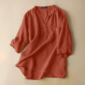 Women V Neck 3/4 Sleeve Solid Shirt 2023 Casual Loose Blouse - Cotton Blusas.