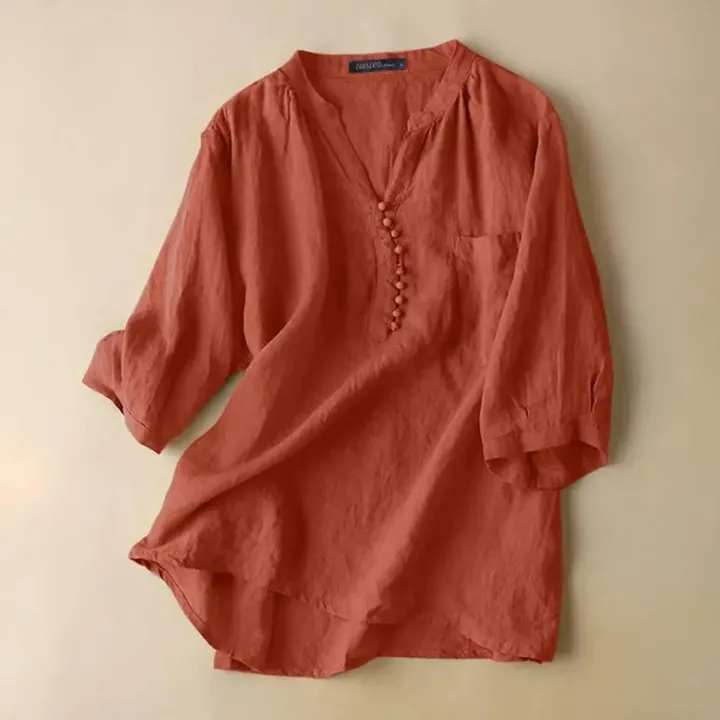 Women%20V%20Neck%203/4%20Sleeve%20Solid%20Shirt%202023%20Casual%20Loose%20Blouse%20-%20Cotton%20Blusas%20-%20Image%202