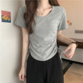 Design Sense Small Shoulder Short Sleeve T T-shirt Women's Summer New Korean Drawstring Short Hot Girl Unique Chic Top.