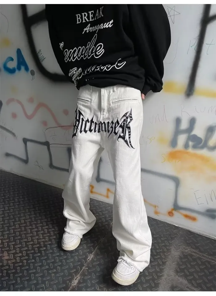 2022 Cool Design Leather Embroidery White Baggy Men Jeans Pants