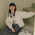 IELGY women's korean style loose raw edge light purple denim jacket.