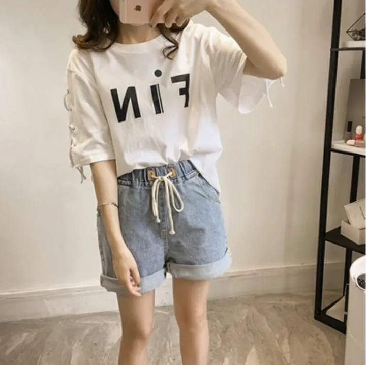 Letter%20Short%20Sleeve%20T%20Women's%20T-shirt%20200%20Jin%20Fat%20MM2021%20Summer%20Korean%20Style%20Women%20T-shirt%20Loose%20Tied%20Sleeve%20Top%20Half%20Sleeve%20-%20Image%203