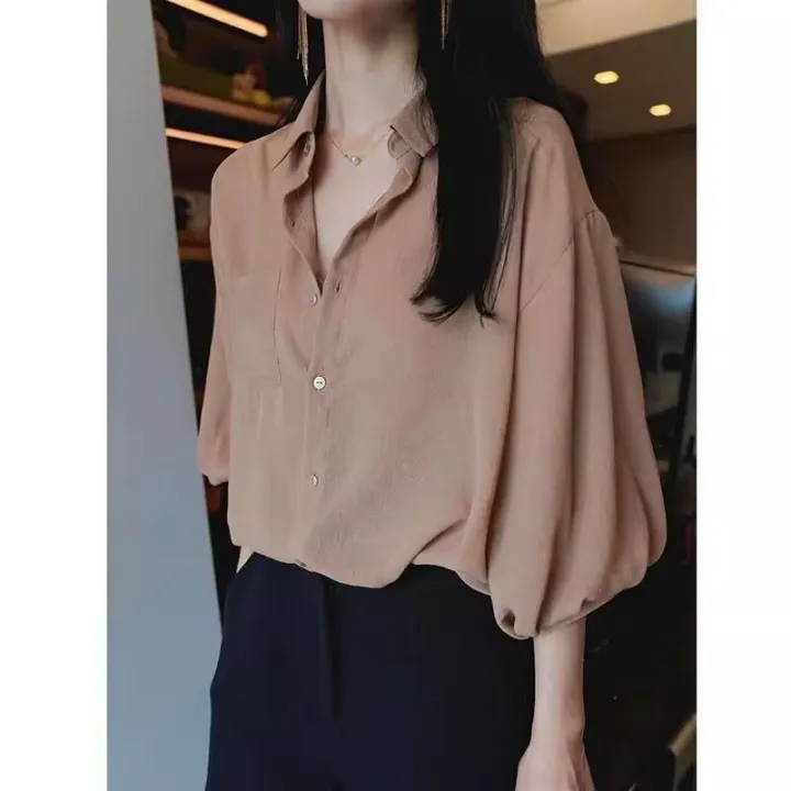 2024%20Summer%20New%20Korean%20Style%20Fifth%20Sleeve%20Shirt%20Women's%20Chiffon%20Bishop%20Sleeves%20Top%20Retro%20Loose%20Solid%20Color%20Shirt%20Fashion%20-%20Image%205