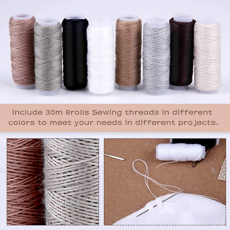 3-Color Waxed Thread Sewing Kit - 22 Yards Each With 7 Heavy Duty Needles For Leather & Upholstery