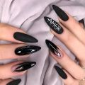 Black Almond Nails Set Press on Flame Matte Tips Finger False Nails Reusable Adhesive Full Cover Acrylic Fingernails. 