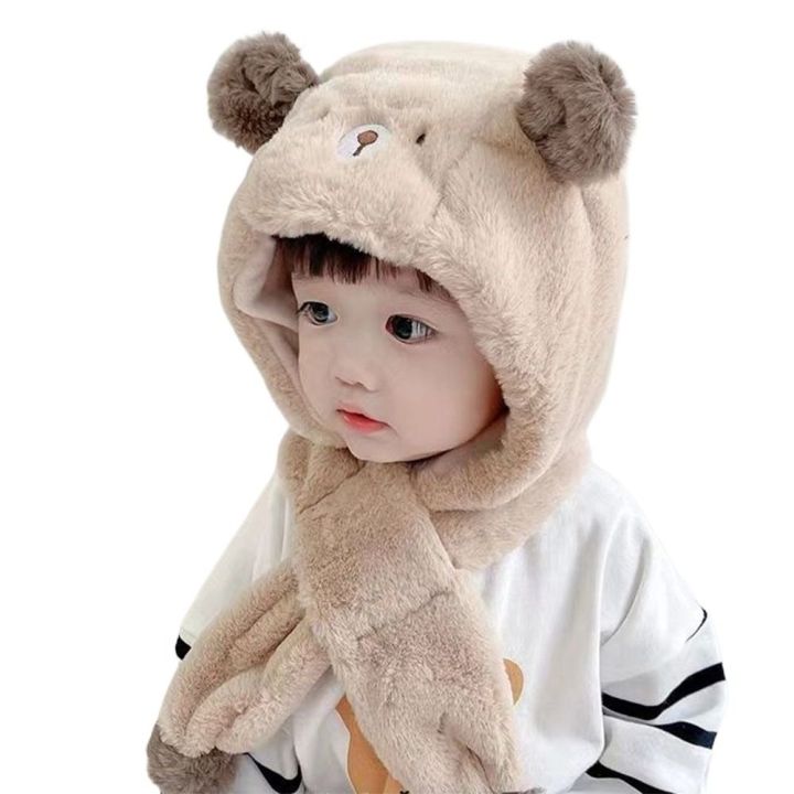 【Must-have】 Winter Cartoon Bear Ears Scarf Hoodie Cap Thicken Windproof Beanies Baby Hat Scarf Plush Kids Plush Hats Boys Girls
