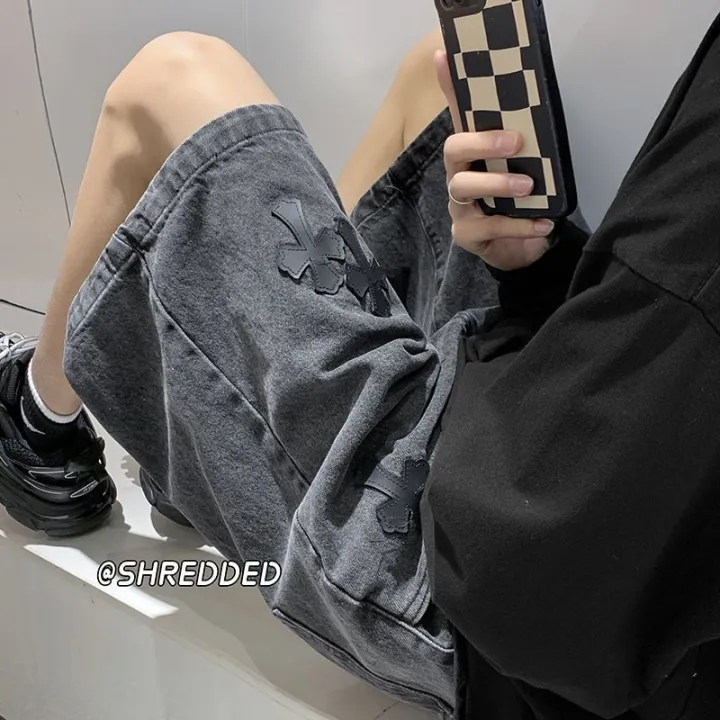 American%20cross-print%20denim%20shorts%20men's%20summer%20thin%20Hong%20Kong%20style%20loose%20trousers%20trendy%20brand%20retro%20casual%20mid-pants%20y2k%20tops%20-%20Image%202