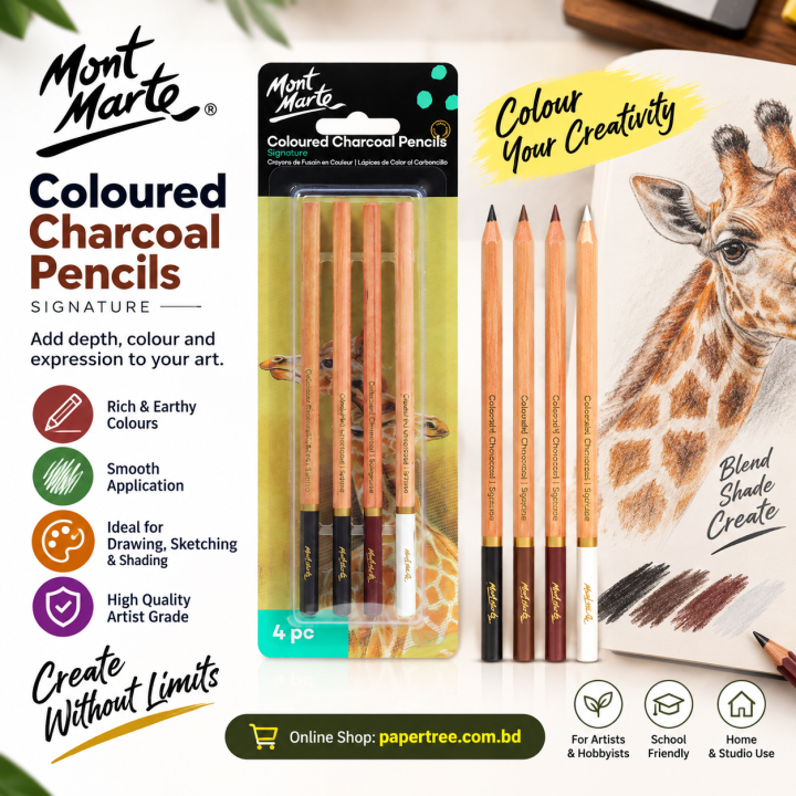 Mont Marte Coloured Charcoal Pencils 4 Pcs Set for Drawing, Sketching & Shading