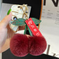 【Sakura for you】Real otter rabbit fur small cherry car keychain pendant cute plush ball bag ornament. 