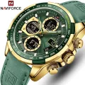 NAVIFORCE 9197 Green PU Leather Dual Time Watch For Men - Golden & Green.