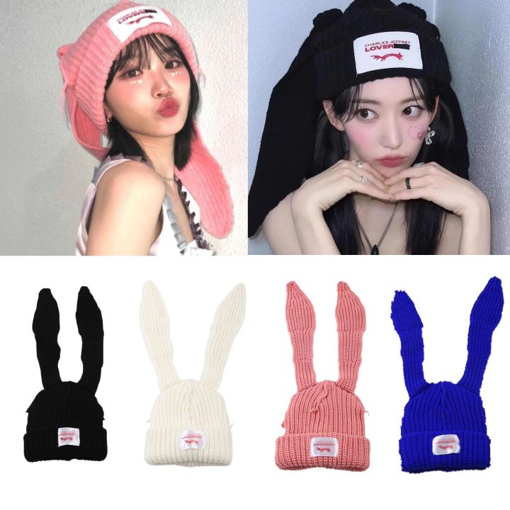 KPOP LE SSERAFIM Sakura ChaeWon Pink Knitted Hat INS Style Wool Rabbit Ear Hat Winter Warm Decorative Cap Couple Christmas Gifts