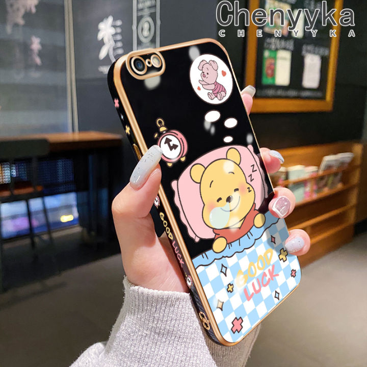 Chenyyka For iPhone 6 6s 6 Plus 6s Plus Case Cartoon Winnie the Pooh New Design Plating Phone Case Square Edge Pattern Shockproof Soft Shell Full Cover Camera Lens Protection Case