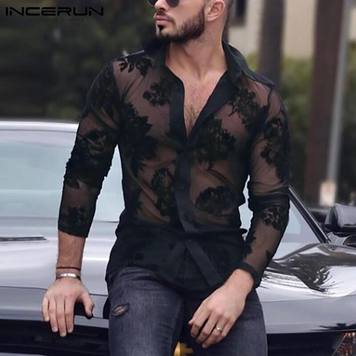 Men Mesh Shirt Lace Lapel Long Sleeve 2023 Transparent Streetwear Camisas Fashion Party Nightclub Shirts Men S-5XL INCERUN