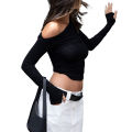 Women Ruched Off-shoulder T-shirt Casual Solid Color Long Sleeve Cropped Tops Streetwear Clubwear.