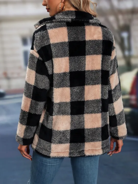 Cross%20border%20European%20and%20American%20autumn/winter%20square%20plaid%20lapel%20women's%20coat%20-%20Image%202