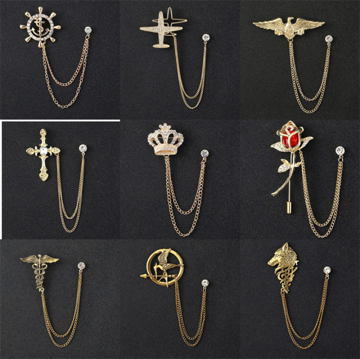 【Factory-direct】 Men's Chain Wolf Head Brooch Flower Tassel Jewelry Suit Crown Trend Pin Accessories
