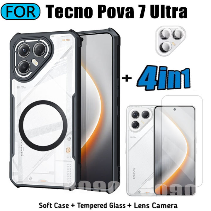 3 in 1 Tecno Pova 7 Ultra Acrylic Phone Case For Tecno Pova 7 4G 5G Casing With Magnetic Wireless Charging Sticker +Full Coverage Tempered Glass Screen Protector
