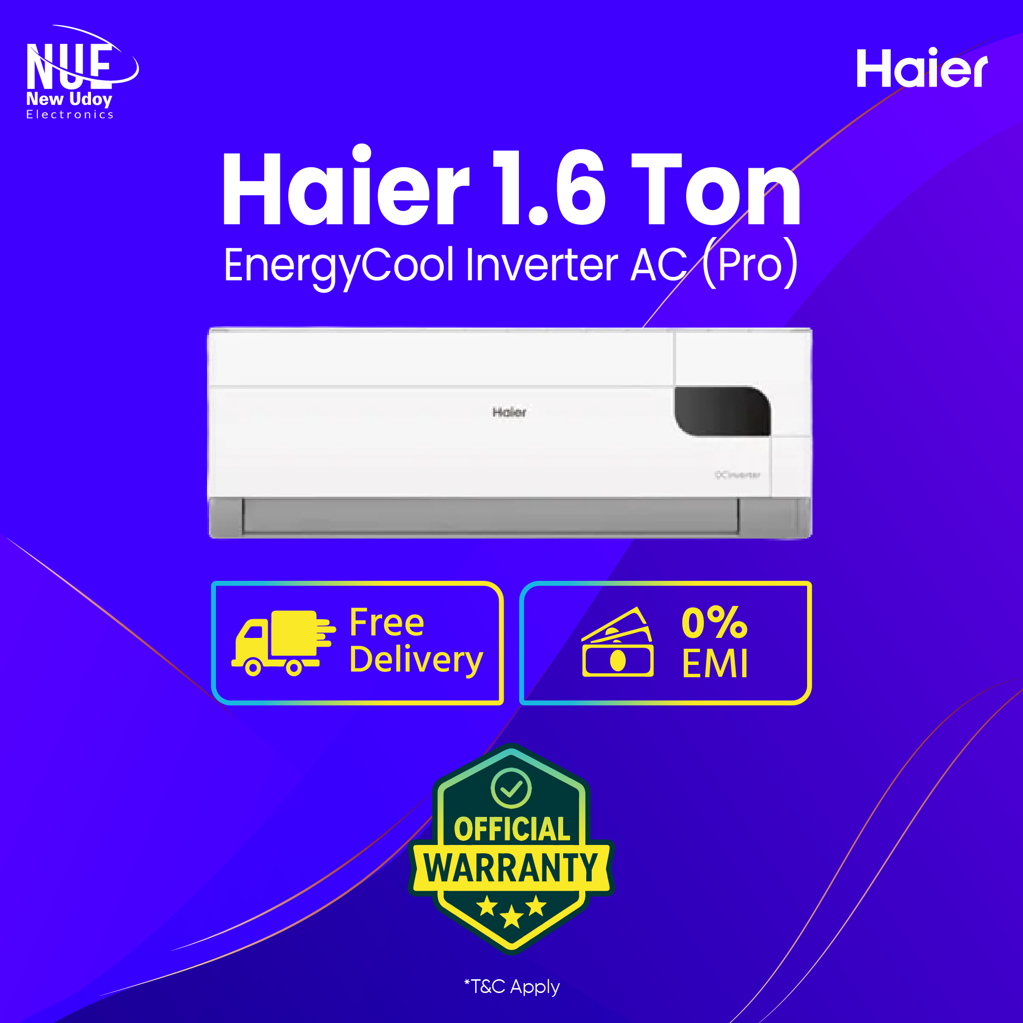 Haier 1.6 Ton EnergyCool Inverter AC - [HSU-19EnergyCool(INV)(Pro)]   Free Delivery   0% EMI Available,Official Warranty by Haier