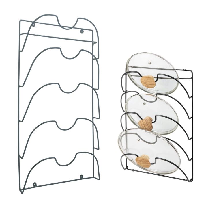 1 pcs Metal Wire Pot and Pan Lid Rack Organizer for Kitchen Cabinet Doors or Wall Mount - Upright Storage Holder with 5 Slots - Black