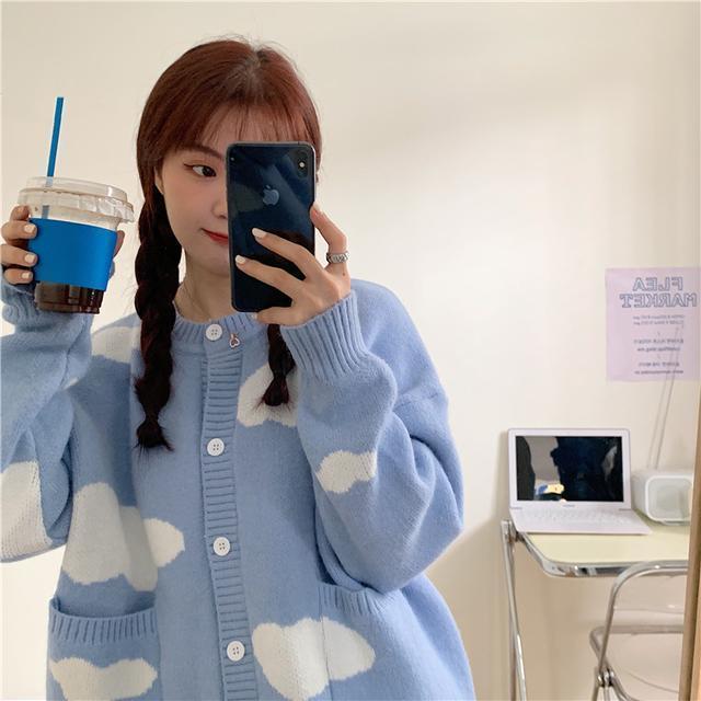 Spring and Autumn Korean Style ins Sweet Blue Sky and White Clouds Knitted Cardigan for Women Idle Style Loose round Neck Student Sweater Coat