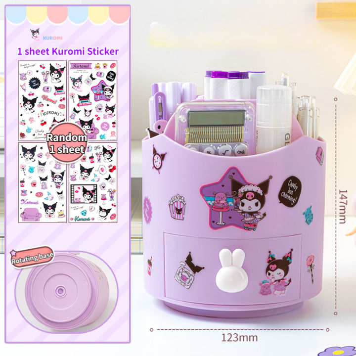 【LuckyBabyFans Store】360° Rotating Sanrio Kuromi Pen Holder Organizer Girls Large Capacity Stationery Box Kawaii Stikers Cinnamoroll