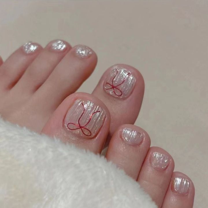 24pcs Simple Toenails French Full Cover Cute Butterfly Cat Eye Short Square Toe Nails Foot Nails Tips for Women Girl
