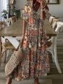 Summer V Neck Half Sleeve Long Beach Dress Women Print A-Line Loose Dress Cover-Ups Boho Casual Lace Up Beach Dress Cover-Ups. 