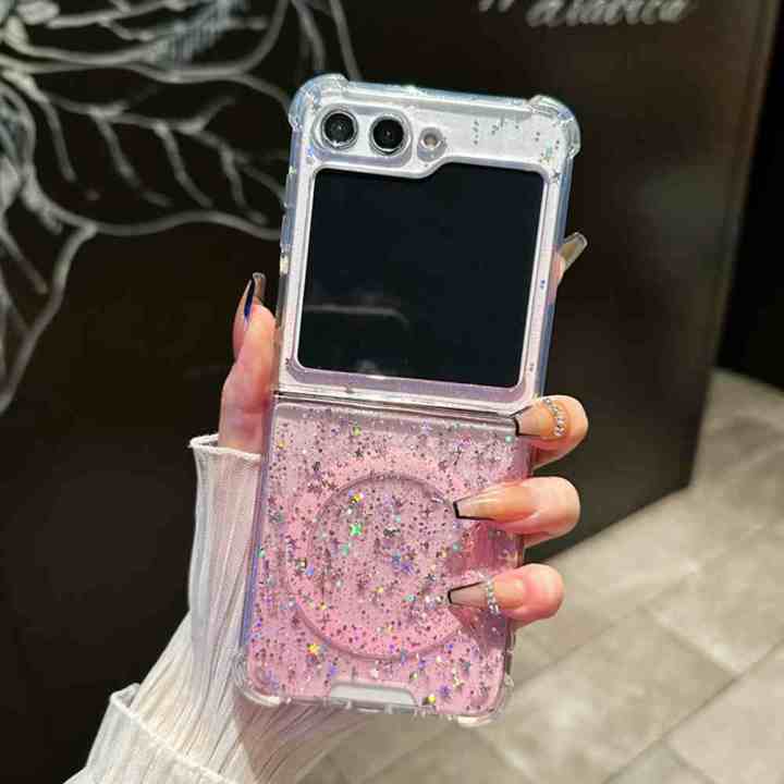 HODON%20Stars%20Bling%20Glitter%20Magnetic%20Phone%20Cases%20For%20Samsung%20Galaxy%20Z%20Flip%207%206%205%204%203%205G%20ZFlip7%20Flip6%20ZFlip5%20ZFlip4%20Magsafe%20Case%20Wireless%20Charging%20Clear%20Shockproof%20Back%20Cover%20-%20Image%202