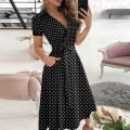 2021 New Women Elegant V-Neck Midi Dresses Short Sleeve Lace Up Female Print Dress Summer Office Ladies Casual Chic Vestidos. 