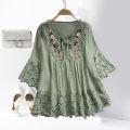 Summer Shirt V-Neck Crochet Lace Trim Flower Decor Casual Shirt.