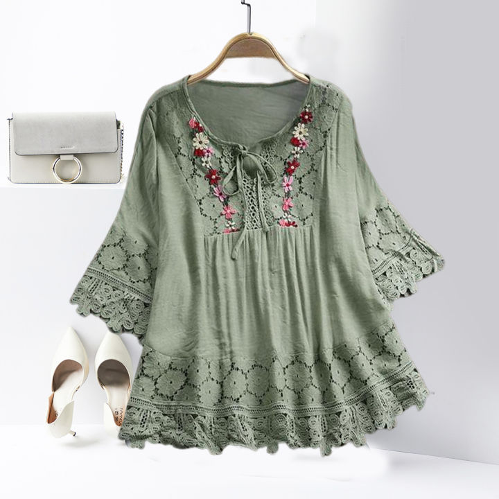 Summer%20Shirt%20V-Neck%20Crochet%20Lace%20Trim%20Flower%20Decor%20Casual%20Shirt%20-%20Image%204