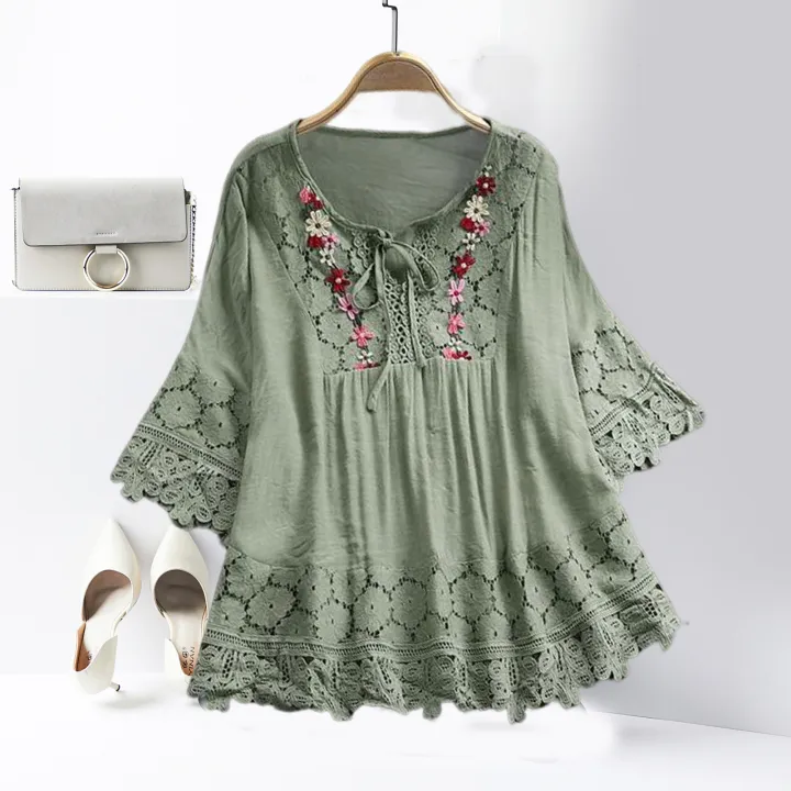 Sunnyheart%20Summer%20Shirt%20V-Neck%20Sweet%20Flower%20Decoration%20Hollow%20Lace%20Patchwork%20Blouse%20-%20Image%208