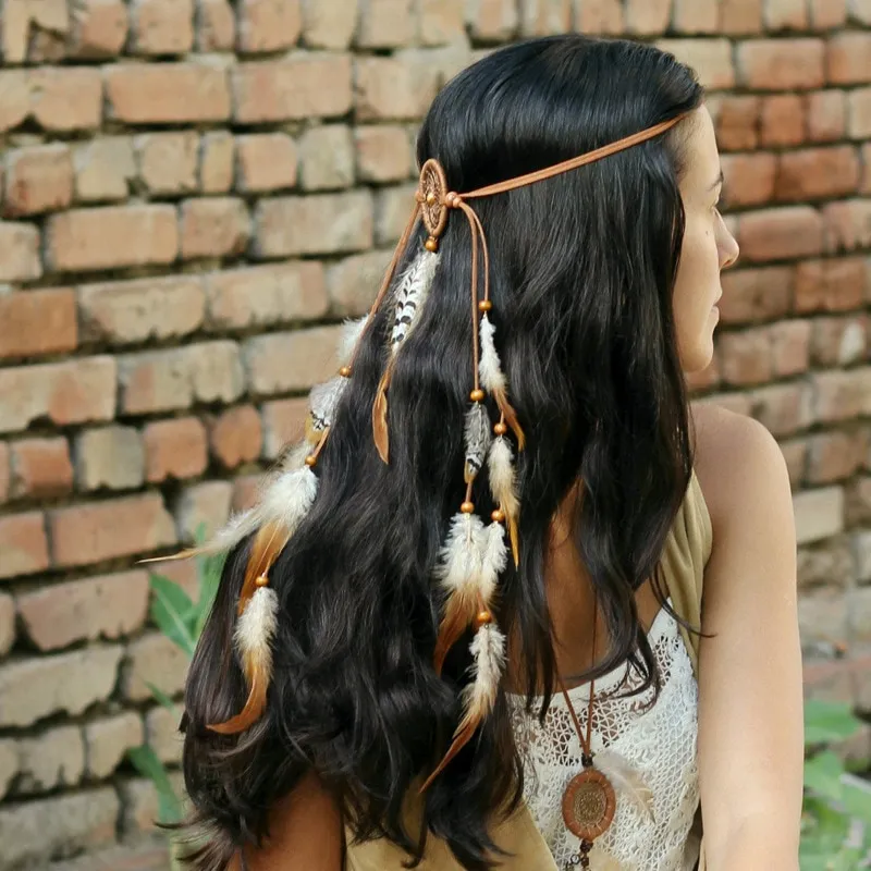 The Indian white Feather Headband Headdress Hair Rope Headwear
