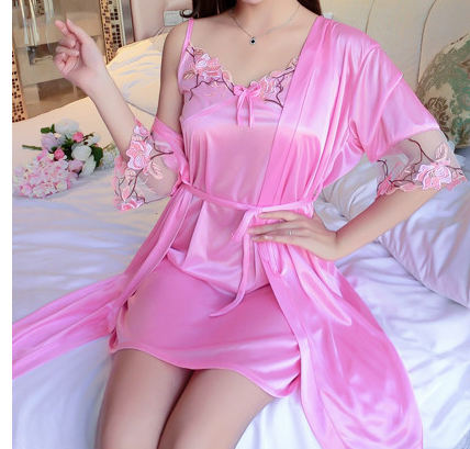Fashionable Women Nighty Women Summer Ice Silk Sleepshirts Thin Sexy Sling Mini Dress Short-sleeved Robe Two-piece Home Service Imitation Silk Nightdress
