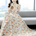 Women Fashion Summer Grace Mid-Calf Long Sleeve Beach China Fabric Printing Dress Gray. 