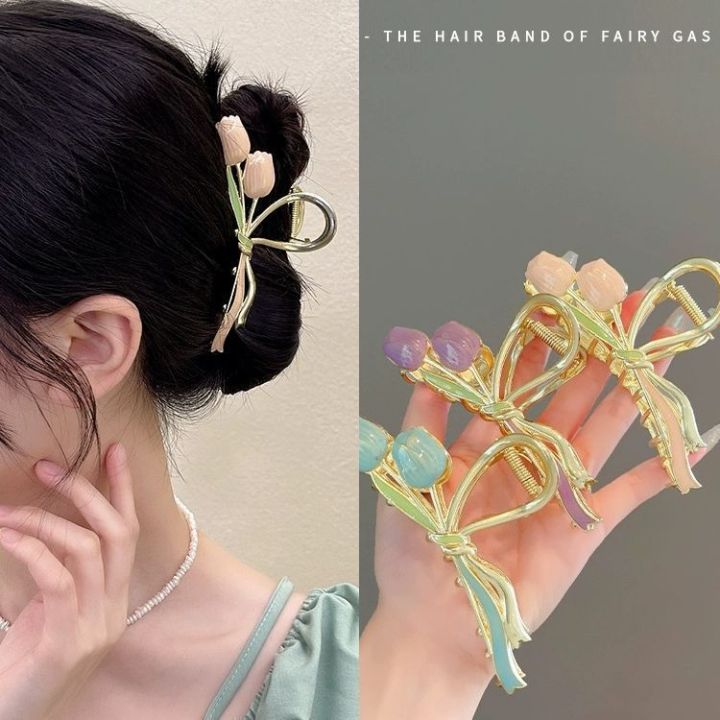 Elegant oil dripping fairy tulip hair clip back of the head hair clip female summer shark clip large high-end hair accessory