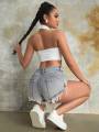 2023 Fashion Women Mini Short Jeans Sexy Babes Rave Slant Pocket Ripped Raw Hem Denim Low Waist Skinny Shorts Mujer. 