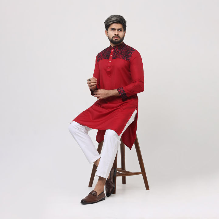 Chili Red and chest contrast Panjabi for men
